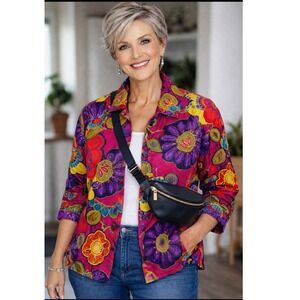 Life Style Brand Women's Floral Sequin Embellished Button Up Shirt Jacket 1X